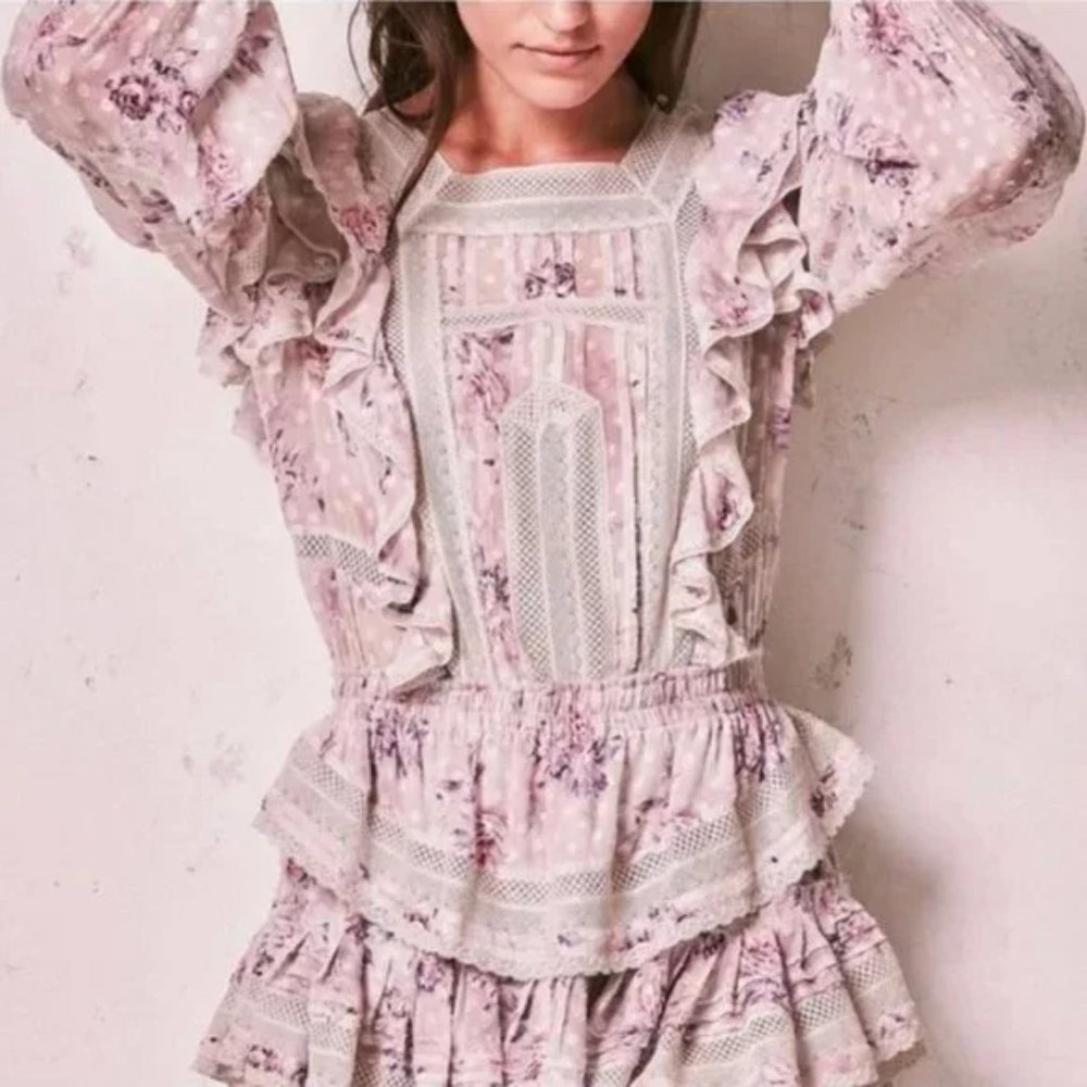 Loveshackfancy Minetta Ruffle Floral-Print Silk Mini - Size XS